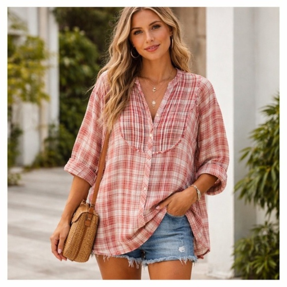 Free People Intimately Oversized Tunic‎ Shirt Women XS Pink Plaid Chew Hem Boho